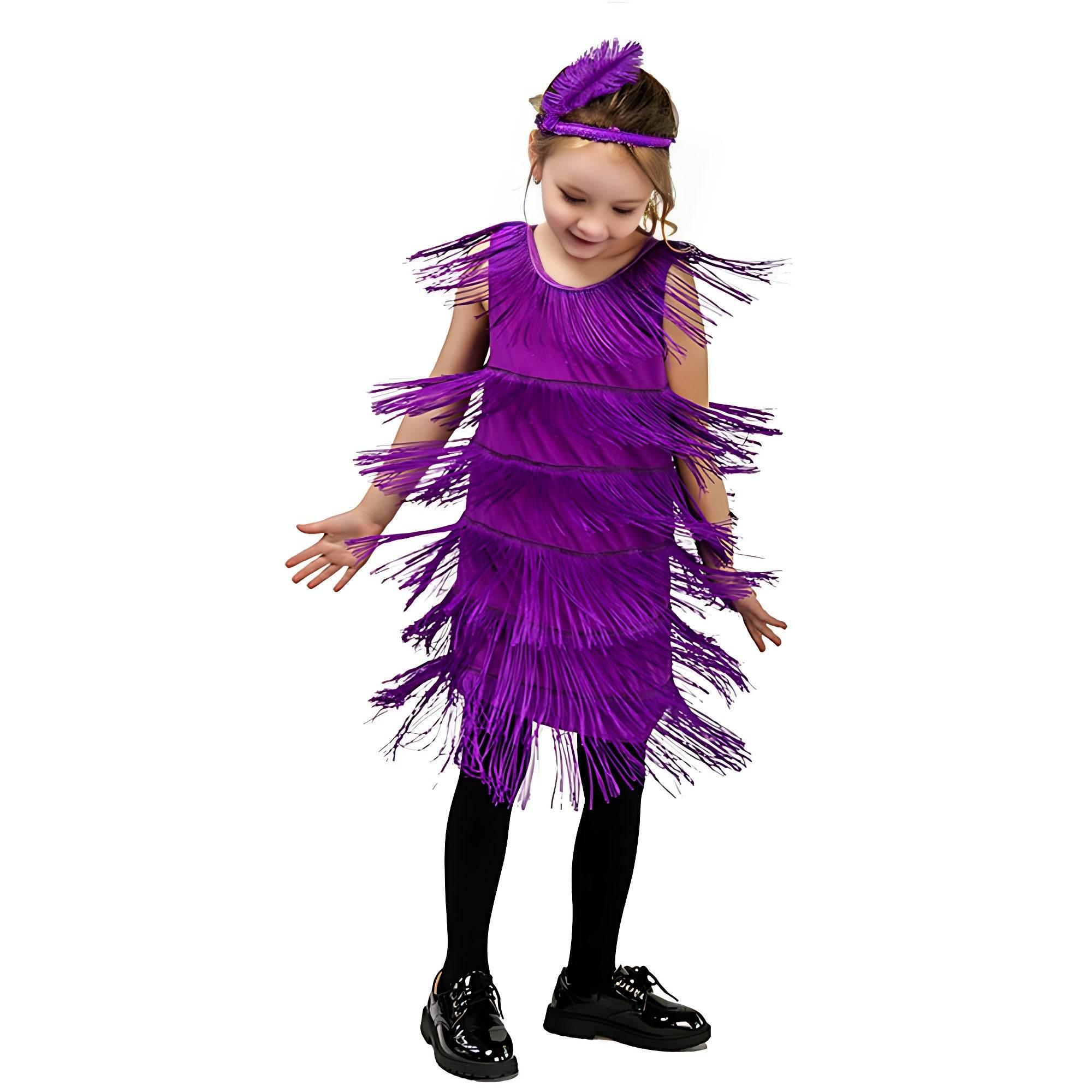 1920s Kids girls Retro Latin dance Party costume tassel Dress - Azufun