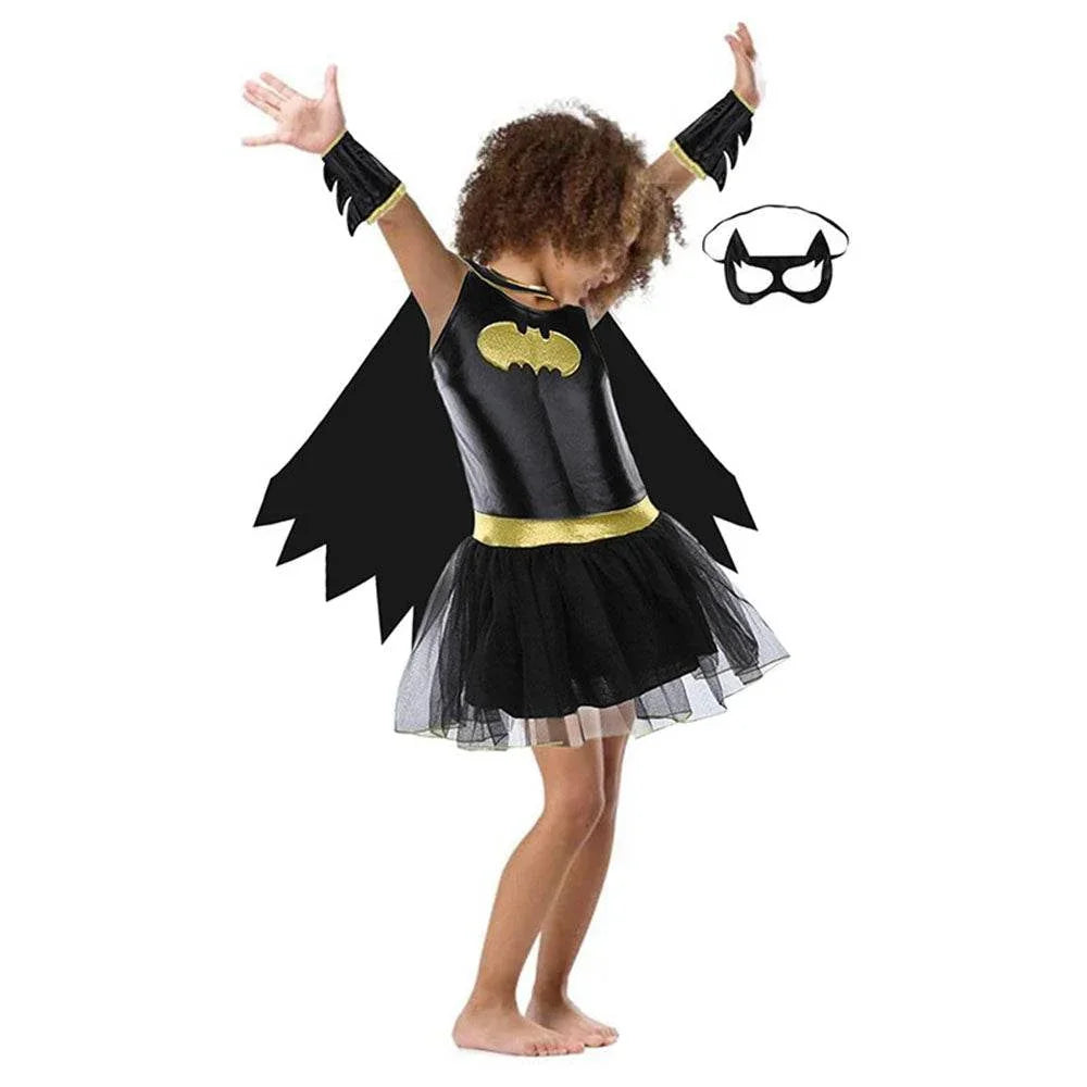 Black Bat man Costume Halloween For Kids Girl Full Set With Cape - Azufun