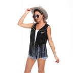 Sleeveless Vest Sequined Vest Western Cowboy Style Cardigan Denim Vest Women - Azufun