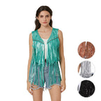 Sleeveless Vest Sequined Vest Western Cowboy Style Cardigan Denim Vest Women - Azufun