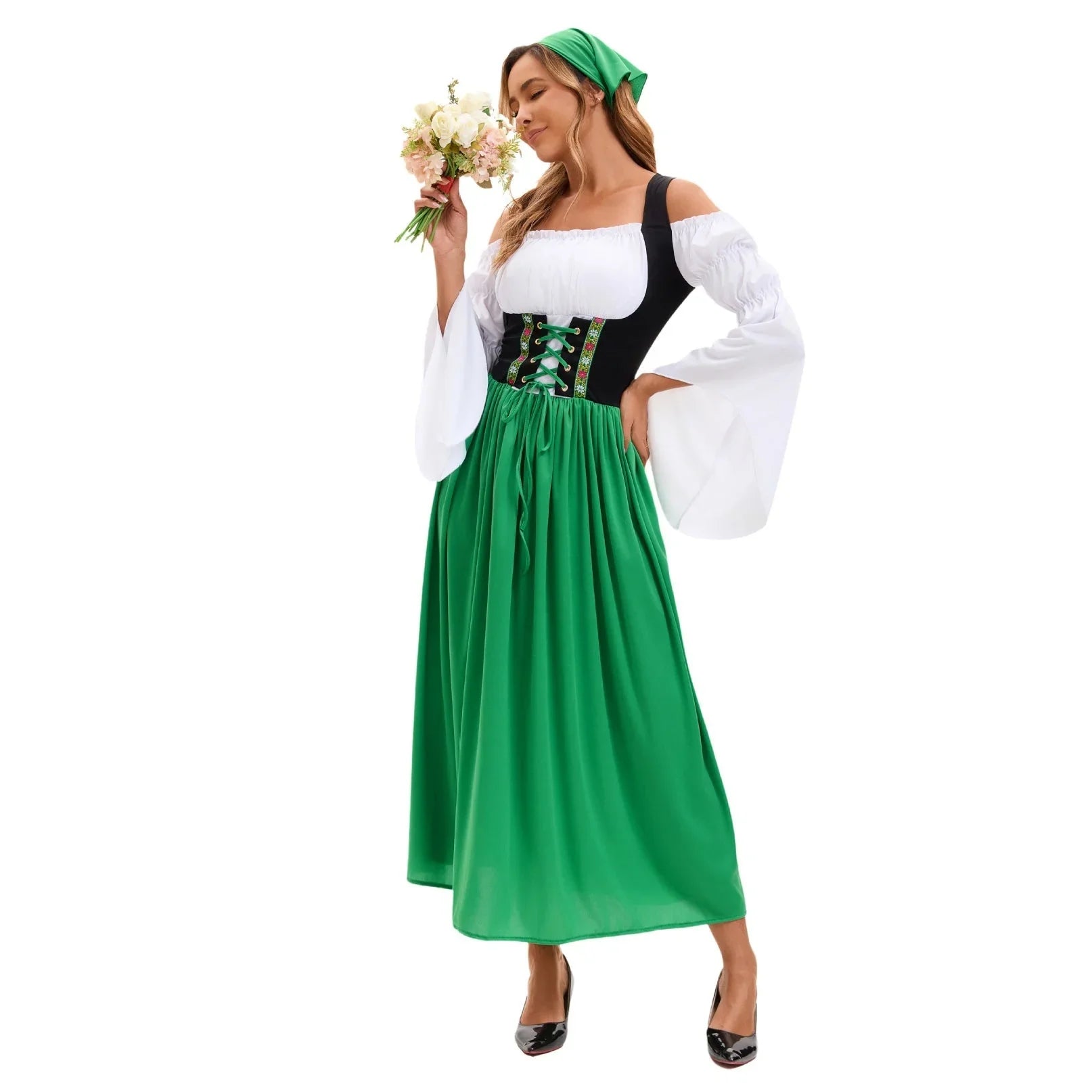Medieval Farm Maid Oktoberfest Long Dress Costume for Women - Azufun