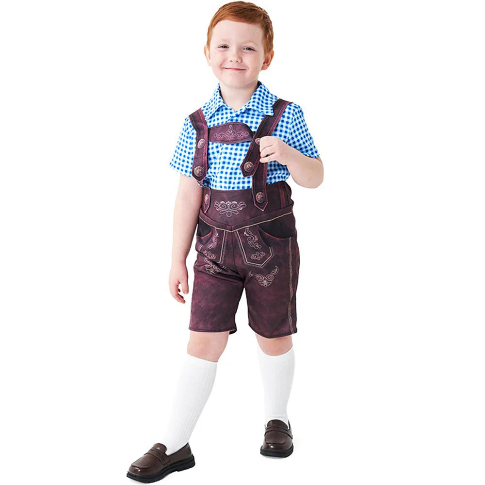 Boy Oktoberfest Costume Set Overalls with plaid shirt socks Halloween - Azufun