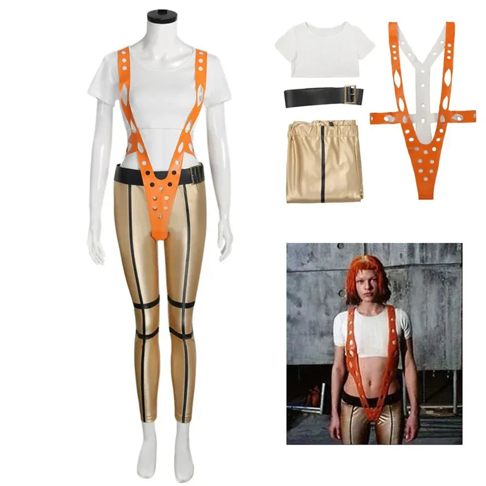 The Fifth Element Leeloo Cosplay Costume Skinny Bodysuit Pants Short T-Shirt - Azufun