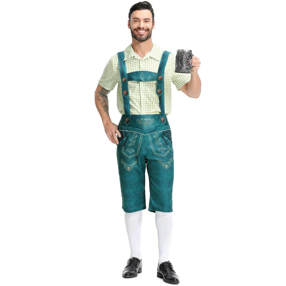 Men's Bavarian Lederhosen Oktoberfest Overalls Plaid Shirt Costume - Azufun