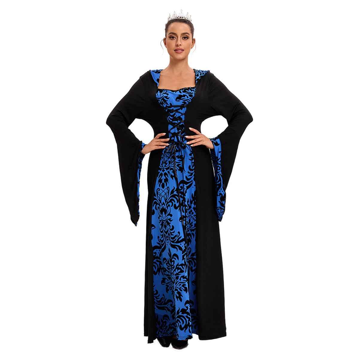 Medieval Hooded Swing Dress Costume Printed Retro Long Sleeves