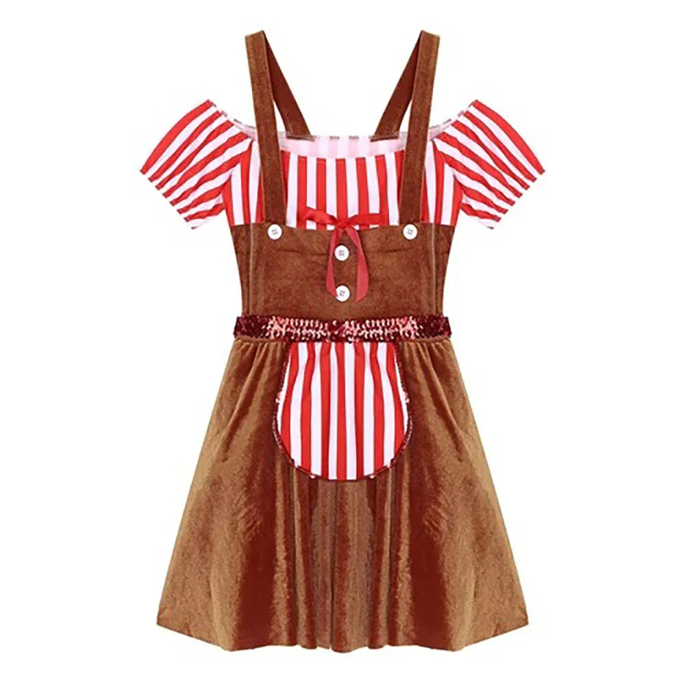 Women Gingerbread Costume Stripes Print Christmas Dance Dress