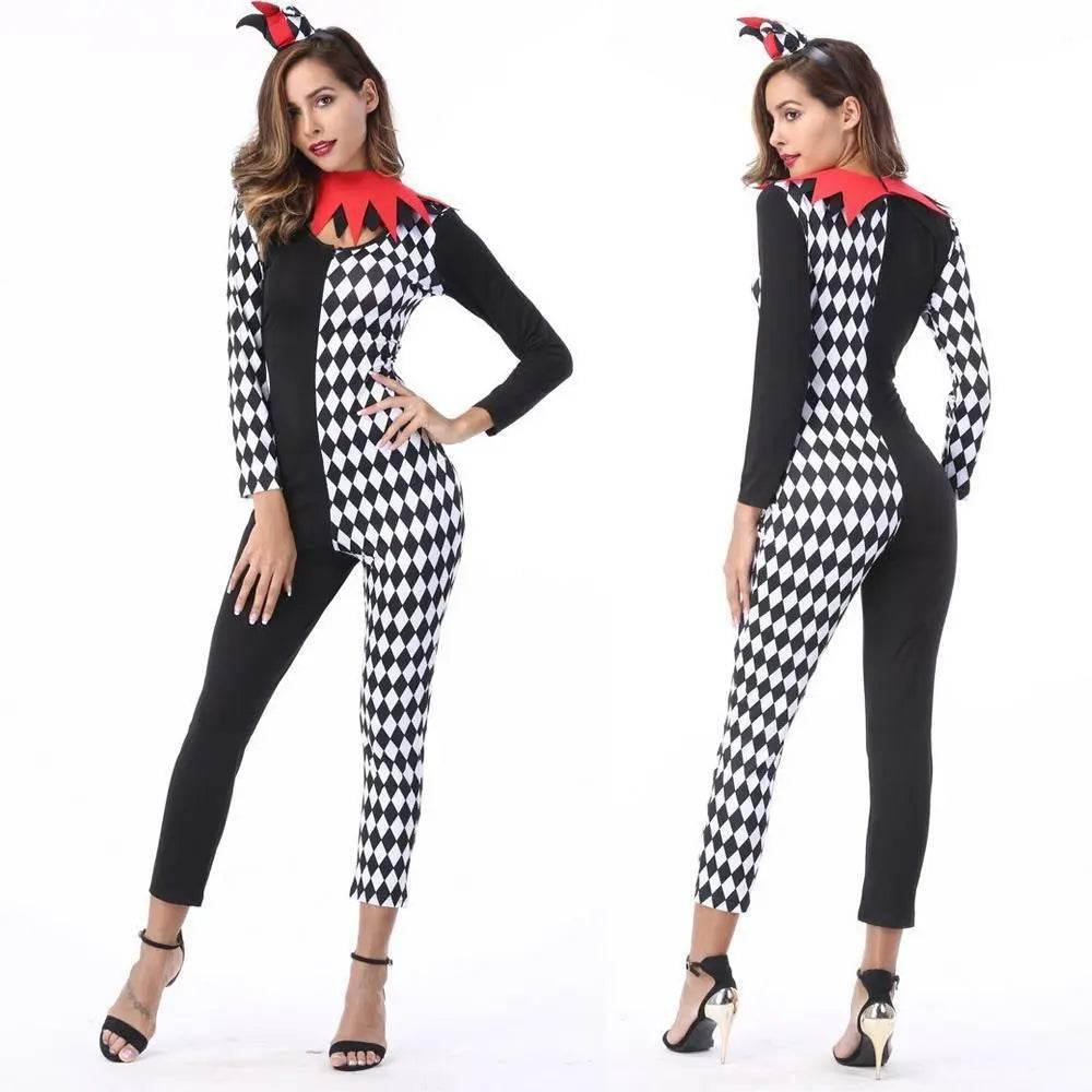 Adult Women Circus Clown Harlequin Jester Halloween Costume Jumpsuit - Azufun