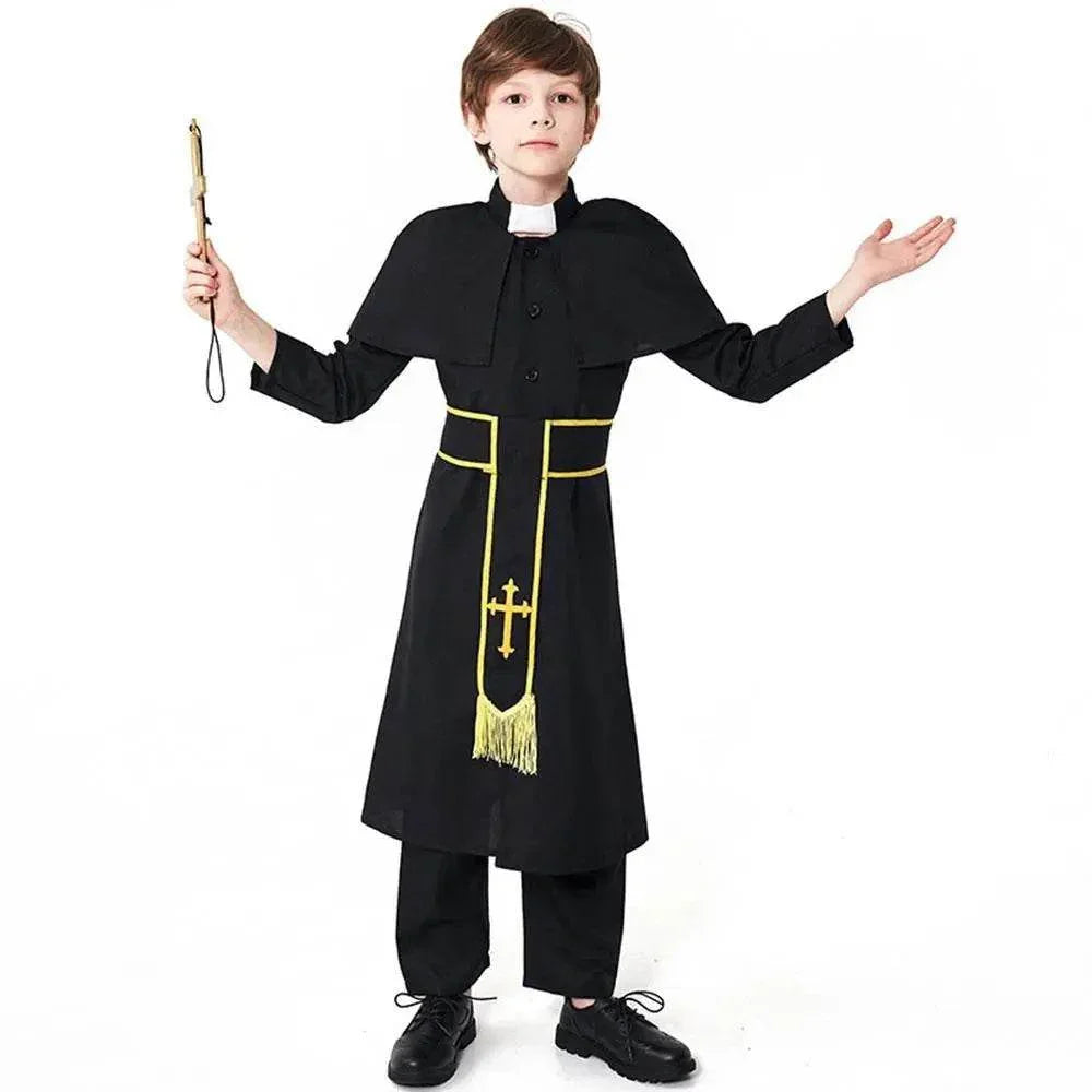 Black Robed Priest Halloween Outfits Carnival Cosplay Costume For Kids - Azufun