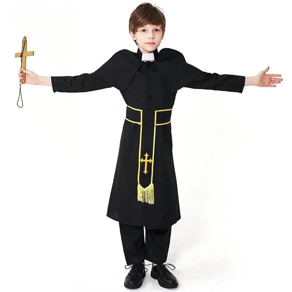 Black Robed Priest Halloween Outfits Carnival Cosplay Costume For Kids - Azufun