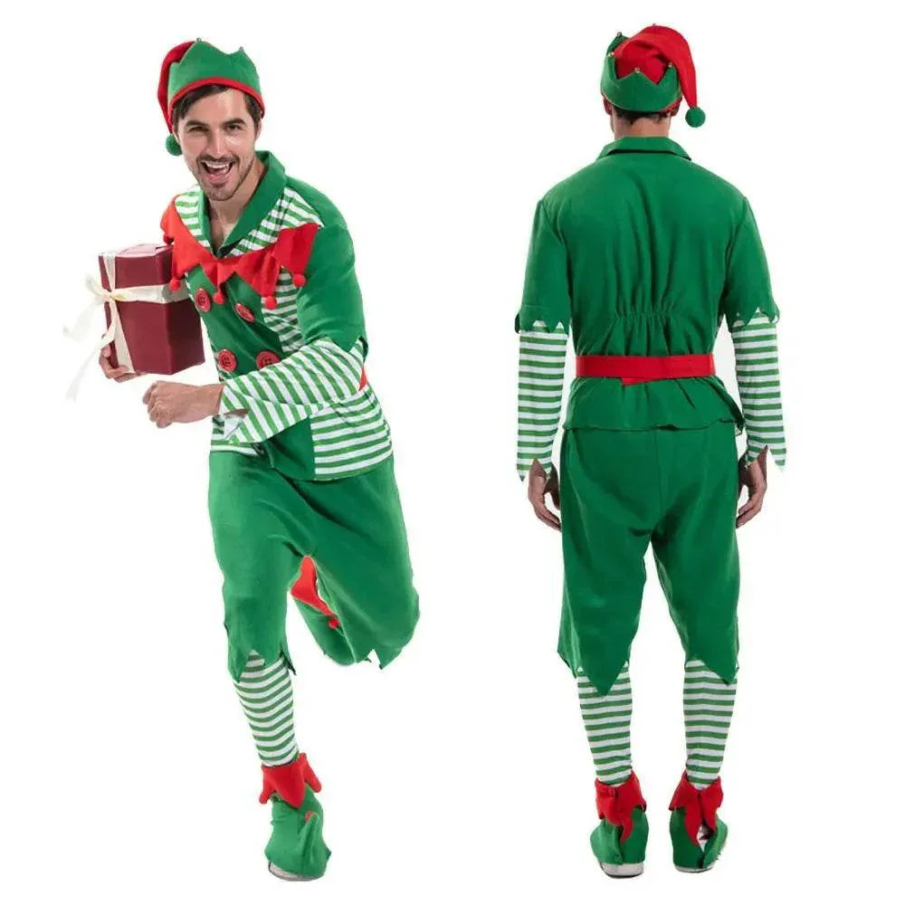 Christmas Elf Adult Men Costume with Elf Hat Stripes Design for Christmas Parties - Azufun