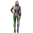 Coloful Skull Halloween Cosplay Costume Bodycon Jumpsuit for Women - Azufun
