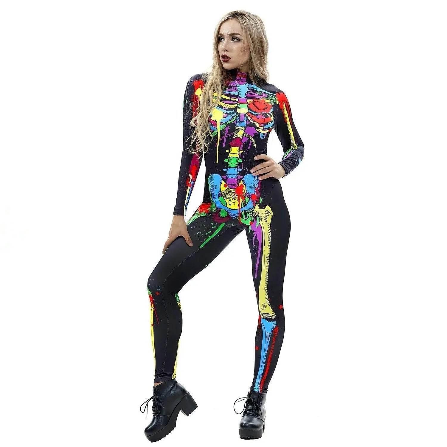 Coloful Skull Halloween Cosplay Costume Bodycon Jumpsuit for Women - Azufun