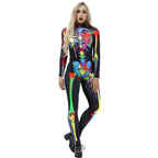 Coloful Skull Halloween Cosplay Costume Bodycon Jumpsuit for Women - Azufun