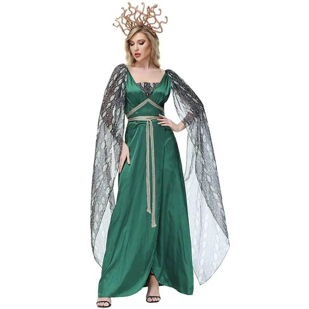 Dark green snake print slit dress mythical siren Medusa dress Halloween Costumes for adult - Azufun