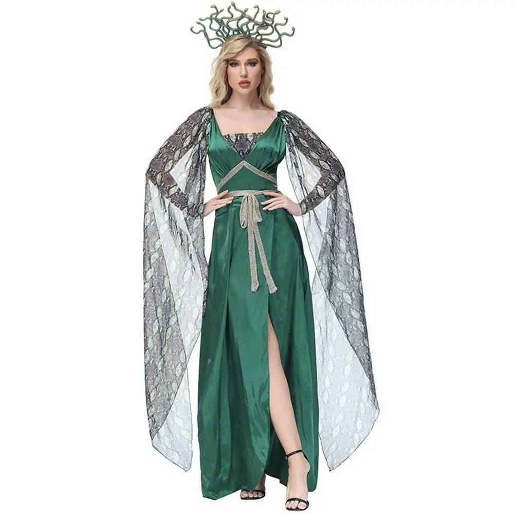 Dark green snake print slit dress mythical siren Medusa dress Halloween Costumes for adult - Azufun