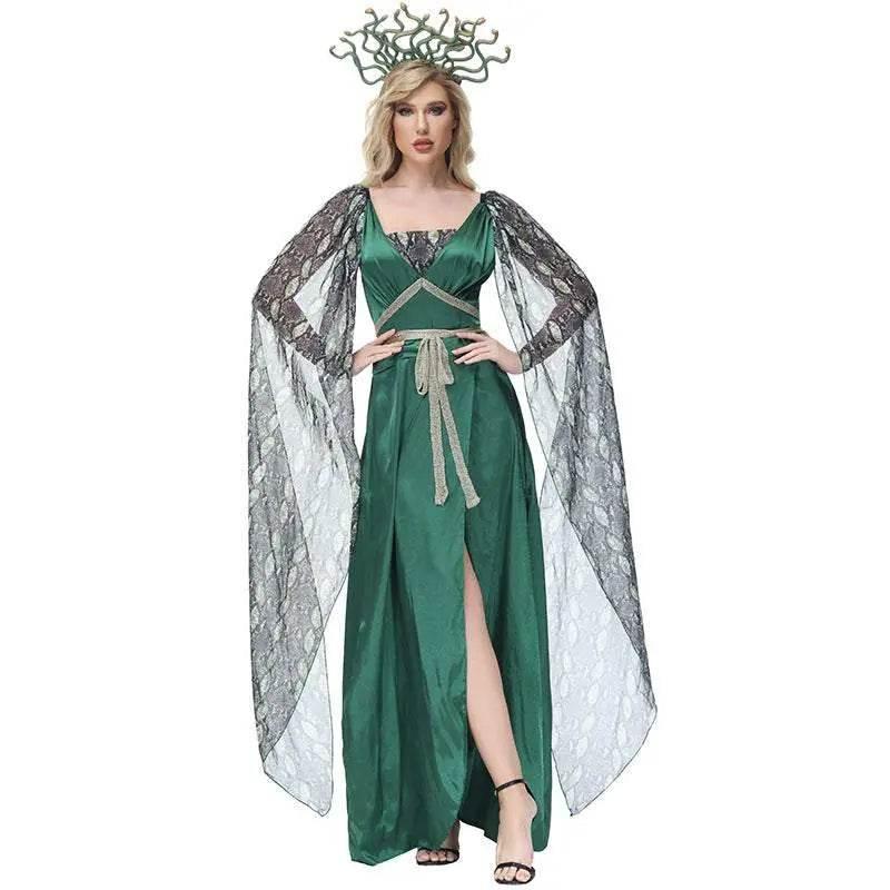 Dark green snake print slit dress mythical siren Medusa dress Halloween Costumes for adult - Azufun