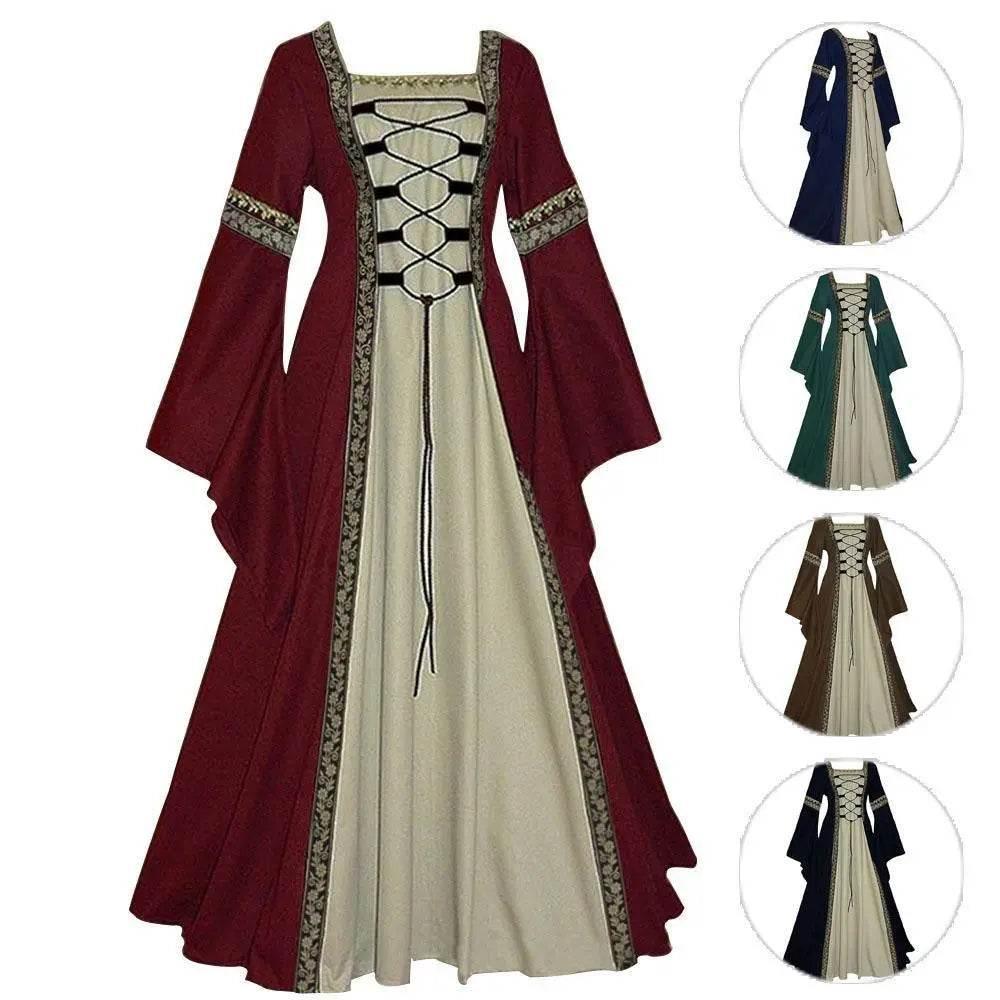Gothic retro women's Medieval Court Costume Robe large size trumpet sleeve long dress - Azufun