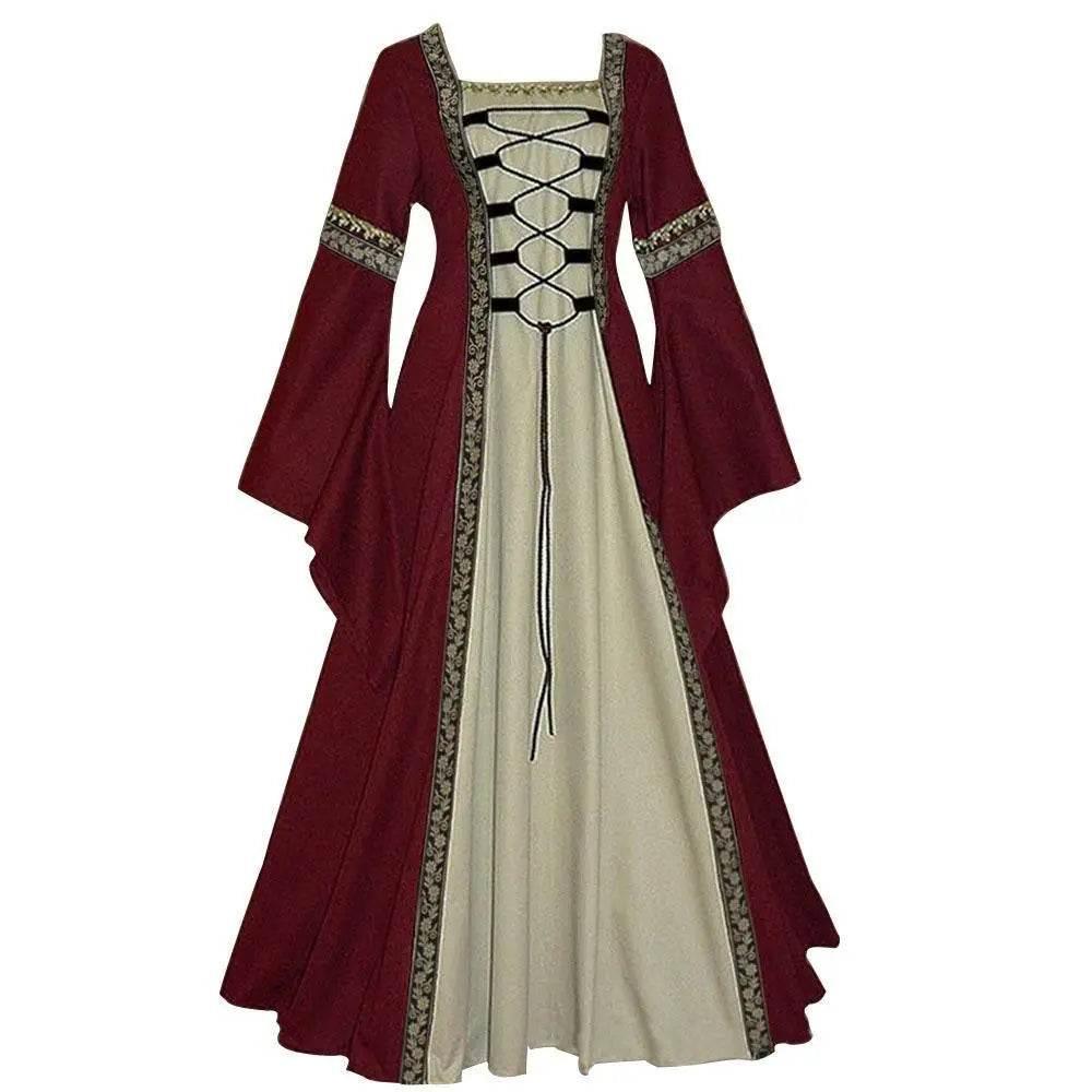 Gothic retro women's Medieval Court Costume Robe large size trumpet sleeve long dress - Azufun