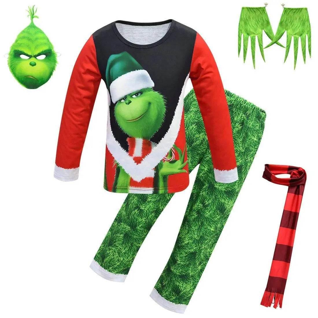 Green Monster Grinch Kids Boys Costume Mask Golves Set Christmas Gift - Azufun