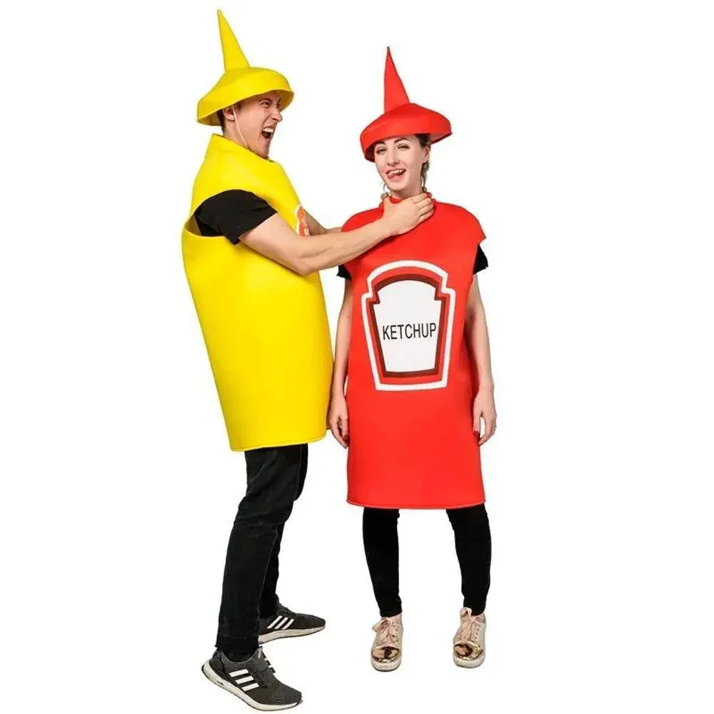 Halloween Adult Couples Mustard Ketchup jumpsuit Costume Cosplay Party - Azufun