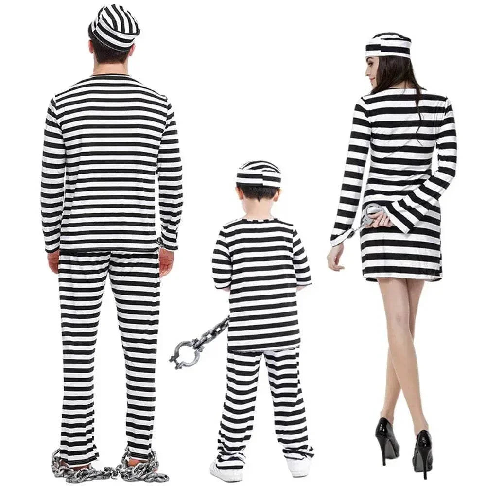 Halloween Adult Kid Striped Prison Costume Hat Top Pants Dress Set - Azufun