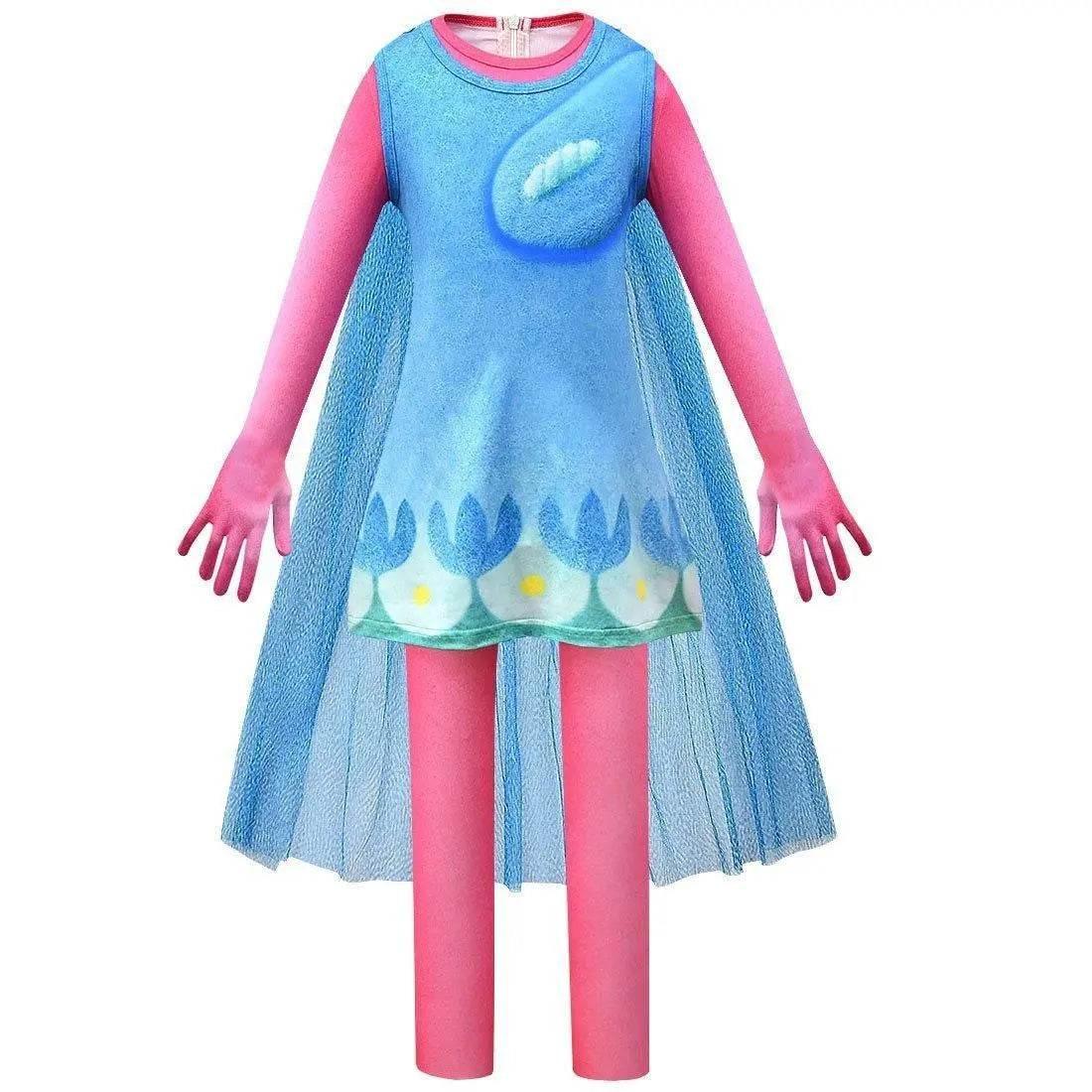 Kids Girl Trolls 2 World Tour Poppy Costume Cosplay ZenTai Short Sleeve Cape Dress - Azufun
