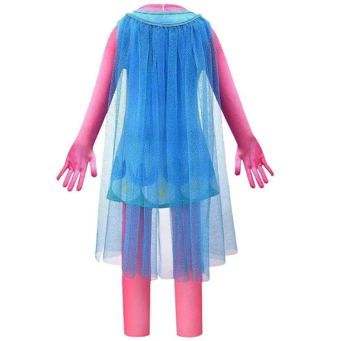 Kids Girl Trolls 2 World Tour Poppy Costume Cosplay ZenTai Short Sleeve Cape Dress - Azufun