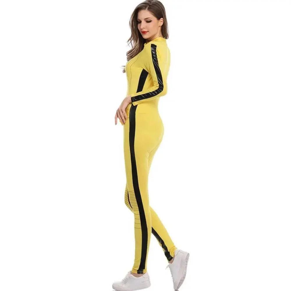 Kill Bill Cosplay Costume Yellow Bodycon Jumpsuit Motorcycle Night Club Racer Zentai Suits for Women - Azufun