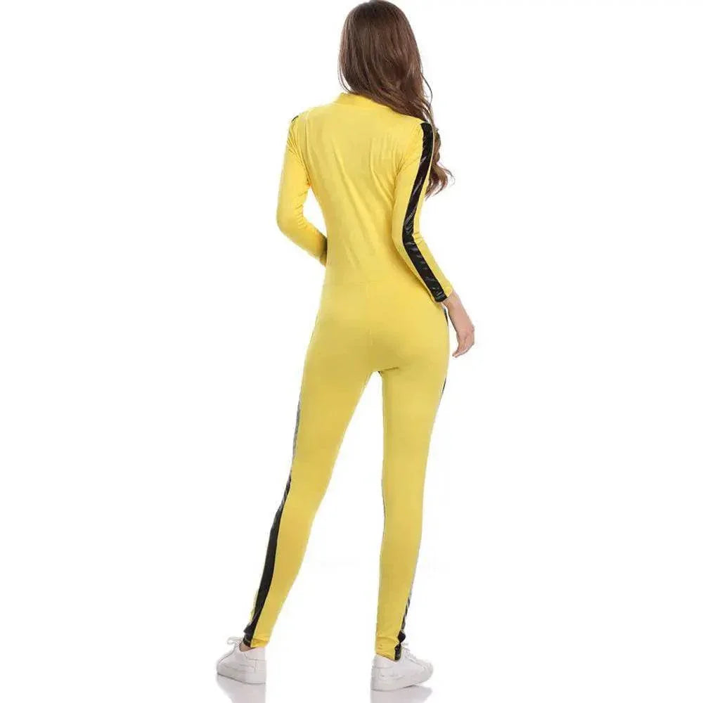 Kill Bill Cosplay Costume Yellow Bodycon Jumpsuit Motorcycle Night Club Racer Zentai Suits for Women - Azufun