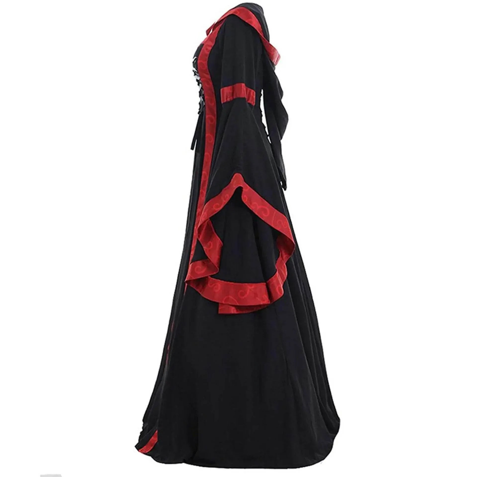 Medieval Retro Hooded Dress Costume Square Neck Tie Trumpet Sleeves Big Swing Skirt - Azufun