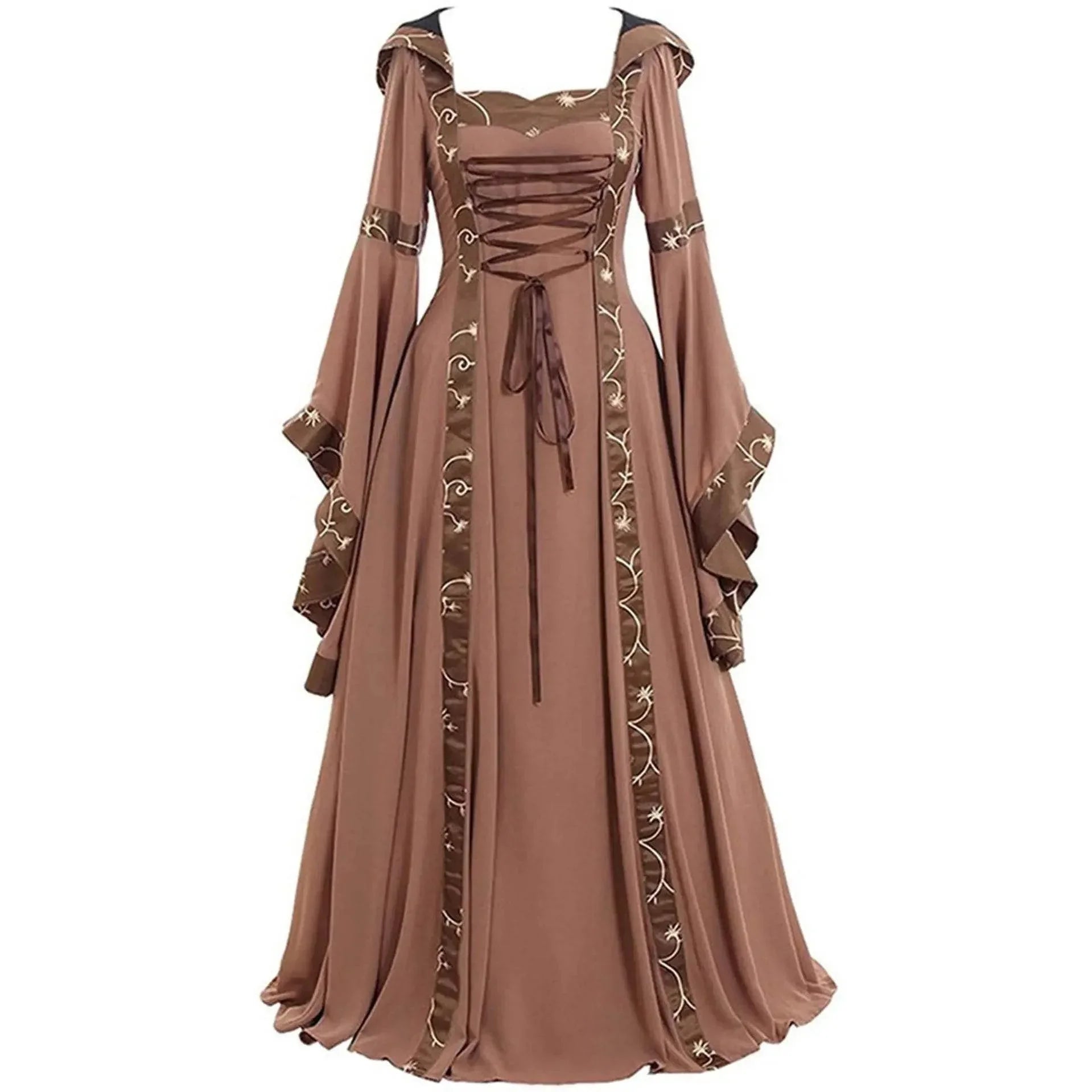 Medieval Retro Hooded Dress Costume Square Neck Tie Trumpet Sleeves Big Swing Skirt - Azufun