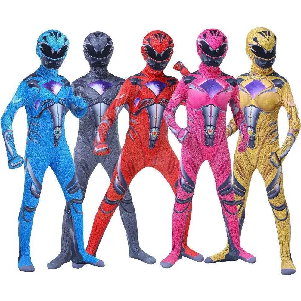 Power Rangers Cosplay Costume Dinosaur Suit Halloween Superhero Jumpsuit Outfit Dress Up For Kids Adult - Azufun