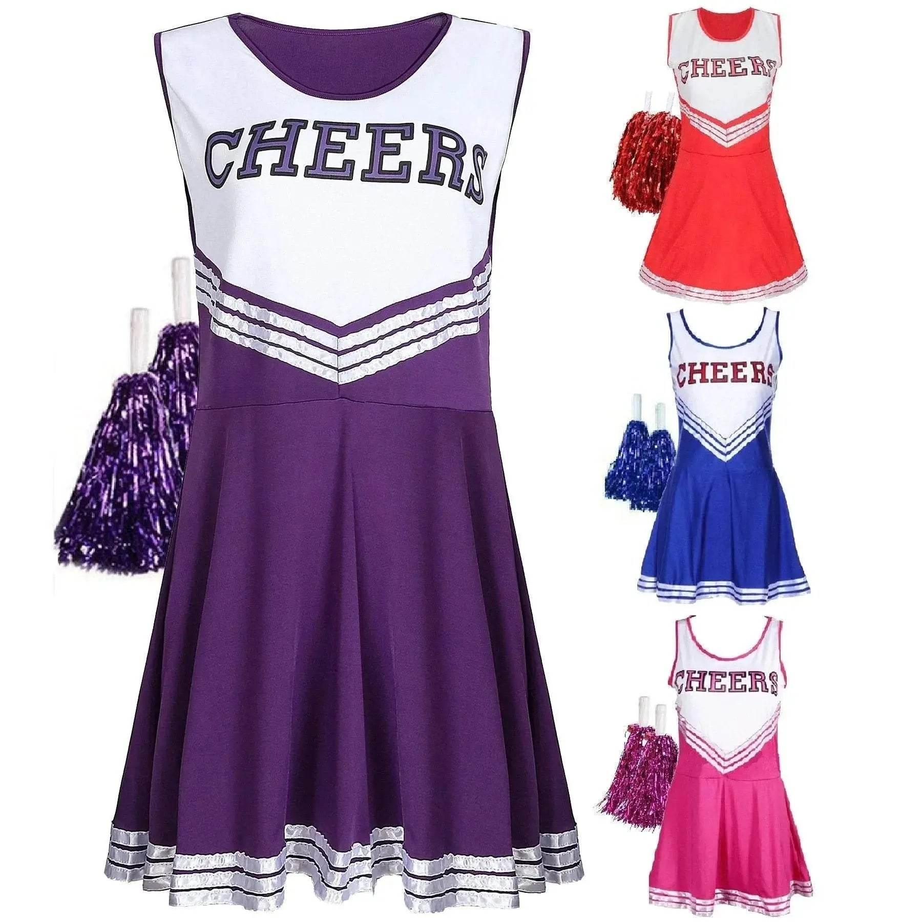 Women Cheerleader Costume Outfit With Poms Fancy Uniform Sports Dress - Azufun