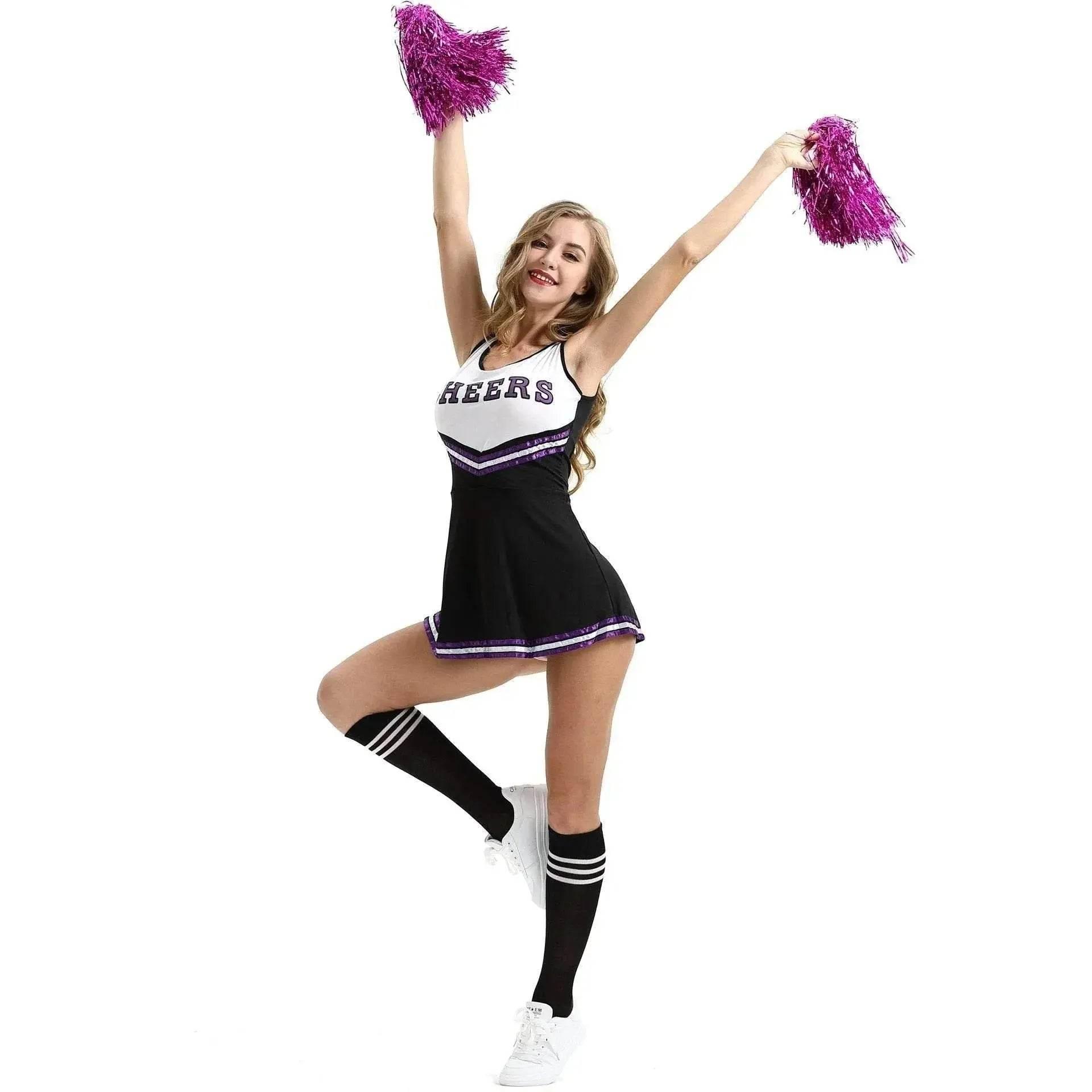 Women Cheerleader Costume Outfit With Poms Fancy Uniform Sports Dress - Azufun