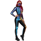 Women Halloween Jumpsuit Skull Cosplay Costume Funny Skeleton Halloween Bodysuit Skinny Catsuit - Azufun