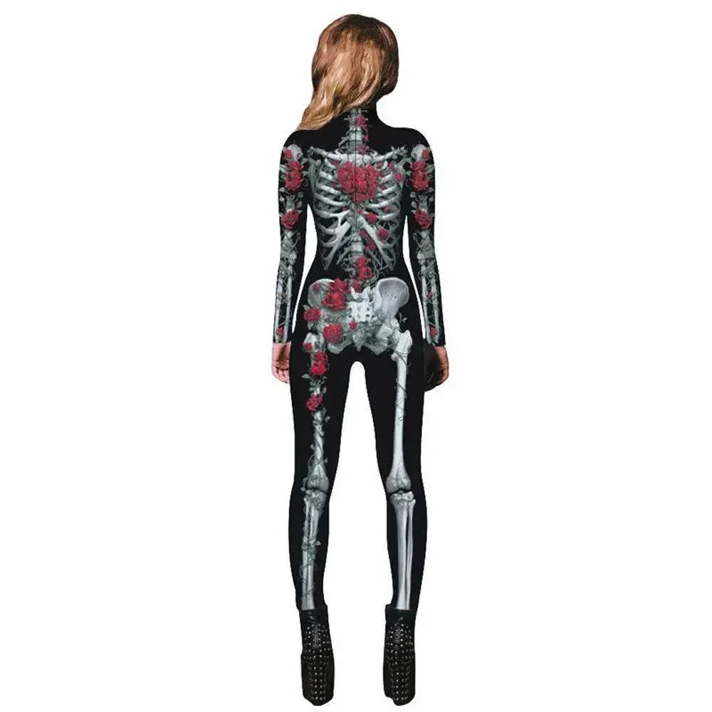 Women Printed Rose Skull Skeleton Catsuit Halloween Costume - Azufun