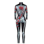 Women Printed Rose Skull Skeleton Catsuit Halloween Costume - Azufun