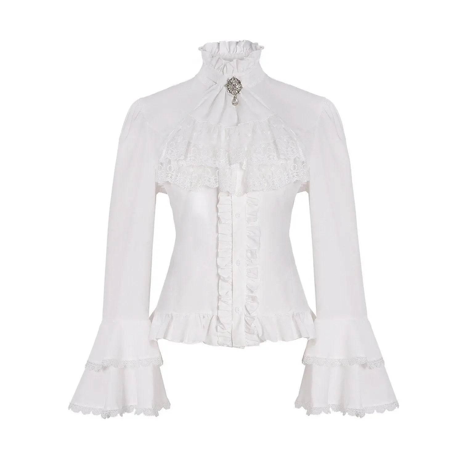 Women's Lolita Palace Retro Blouse Long Bell Sleeve Ruffled Shirt - Azufun