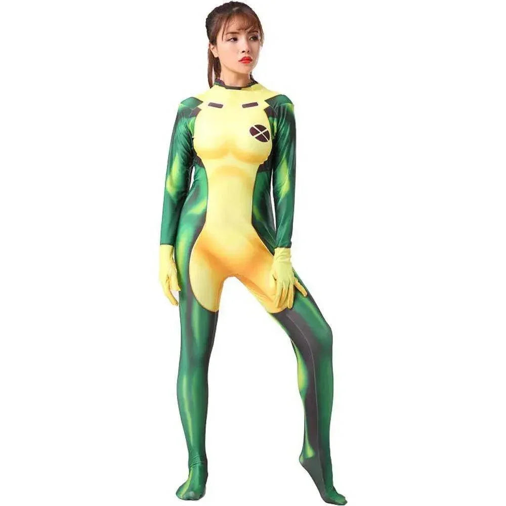 X Men Rogue Costume Zentai Bodycon Jumpsuit Halloween Cosplay - Azufun