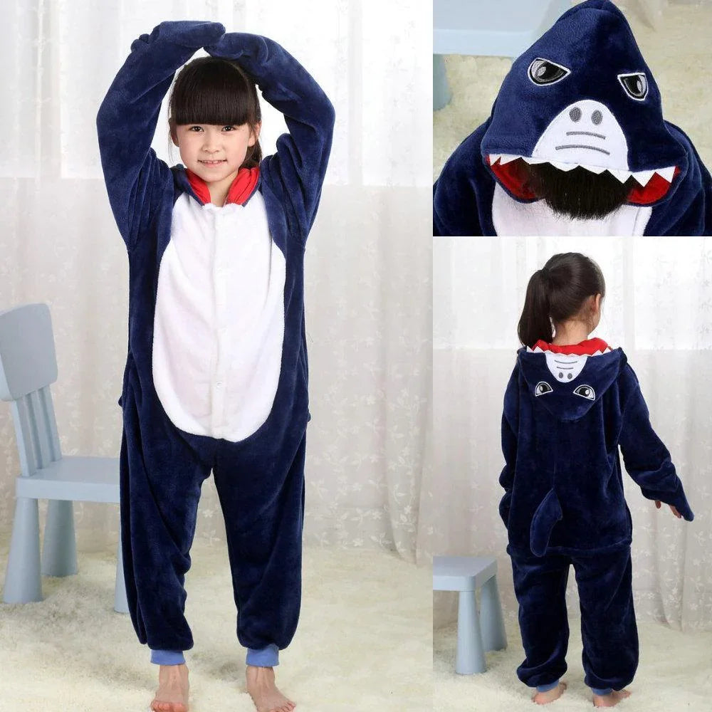Blue Shark Kigurumi Pajamas Onesie Kid Flannel Animal Hoodie - Azufun