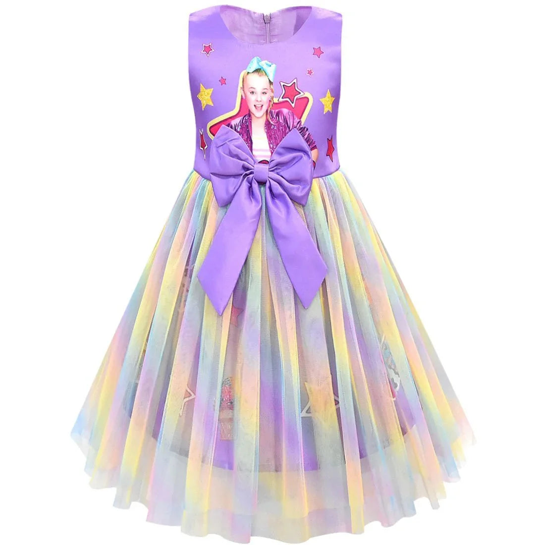 Girls Jojo Siwa Bow Dress Kids Party Birthday Mesh Princess Dress - Azufun