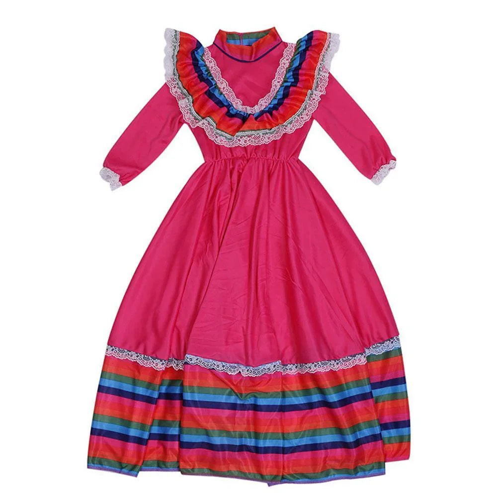 Traditional Mexican Rose Red Cosplay Costume Long Skirt Dance Halloween Party Game Dress for Girls