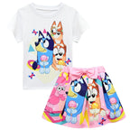 Bruy Short Sleeve Cartoon Pleated Skirt Bag Hat Set - Azufun