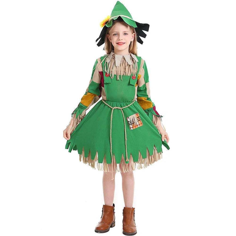 green girl fringed puppet scarecrow costumes dress for Kids - Azufun