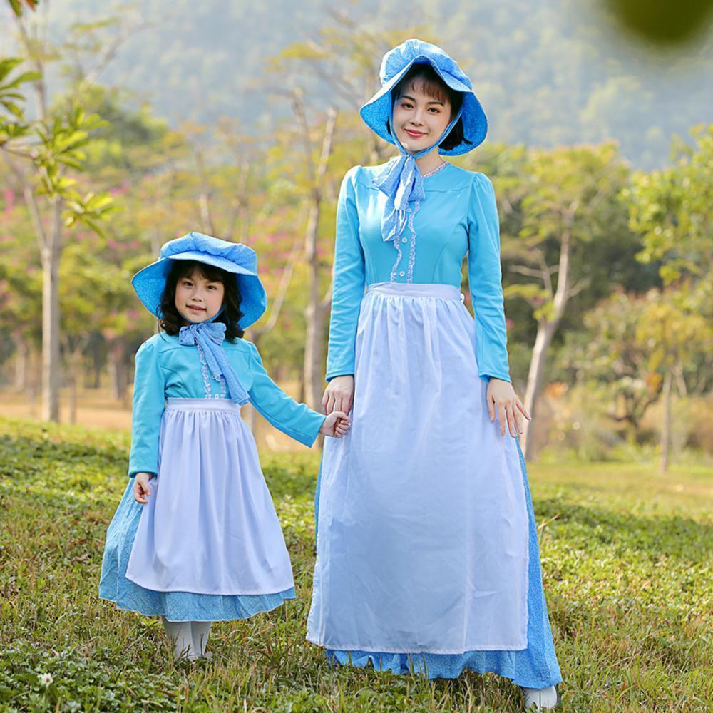 Farm Picnic Light Blue Long Sleeve Polka Dot cosplay costumes dress for mom and me - Azufun