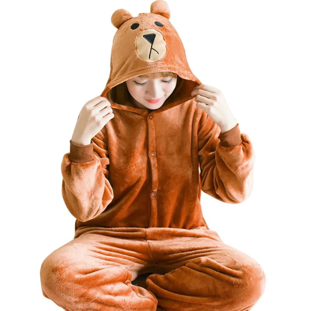 Brown Bear Kigurumi Onesie Hooded Footed Pajamas Party Costume - Azufun