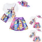 Bruy Short Sleeve Cartoon Pleated Skirt Bag Hat Set - Azufun