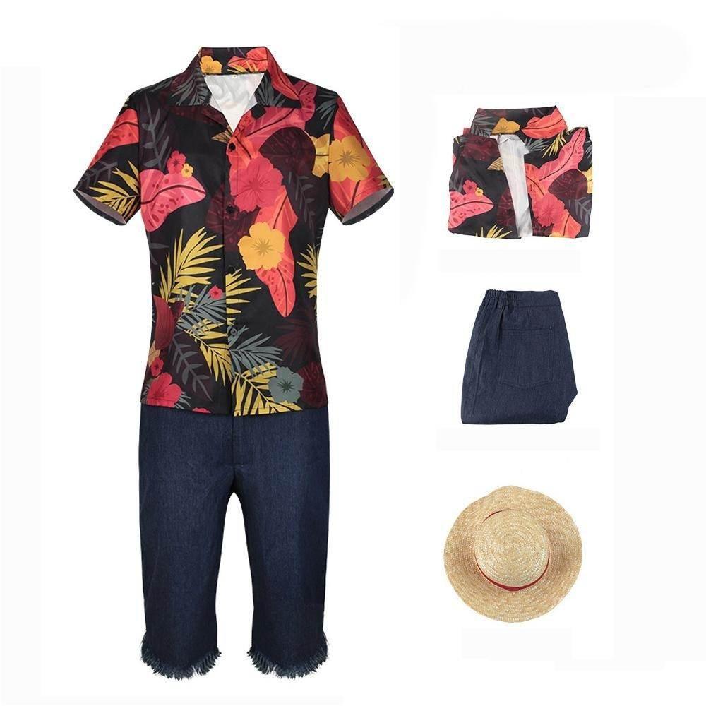 one picece luffy costume live floral shirt Anime Cosplay with straw hat - Azufun