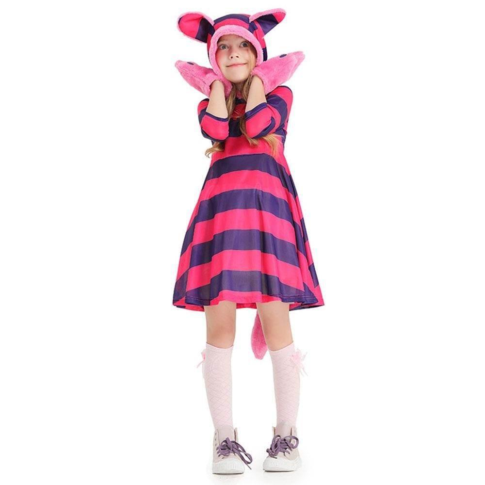 Purple Striped The Cheshire Cat Dress Halloween Outfits Carnival Cosplay Costume For Kids - Azufun