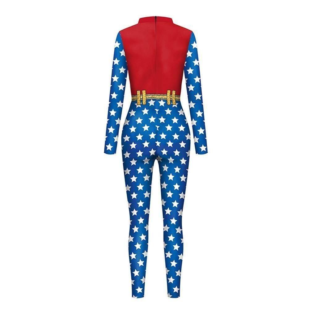 Superhero Wonder Woman Cosplay Costume Halloween Printed Jumpsuit Slim Fit Long Sleeve Party Outfit for Women - Azufun